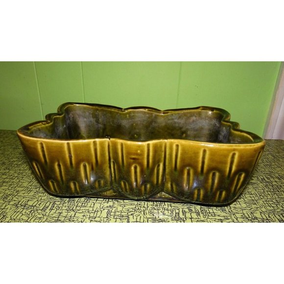 Vintage Upco Green Rectangle Planter w/ Scalloped Edges farmhouse art deco 1970s - Picture 7 of 16